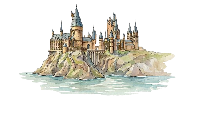 Castillo de Hogwarts iluminado al anochecer